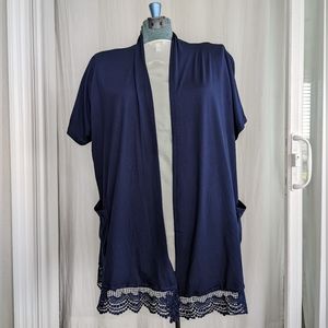 Navy Short-Sleeve Lace Trim Cardigan